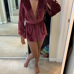 velvet romper with open tie sleeves